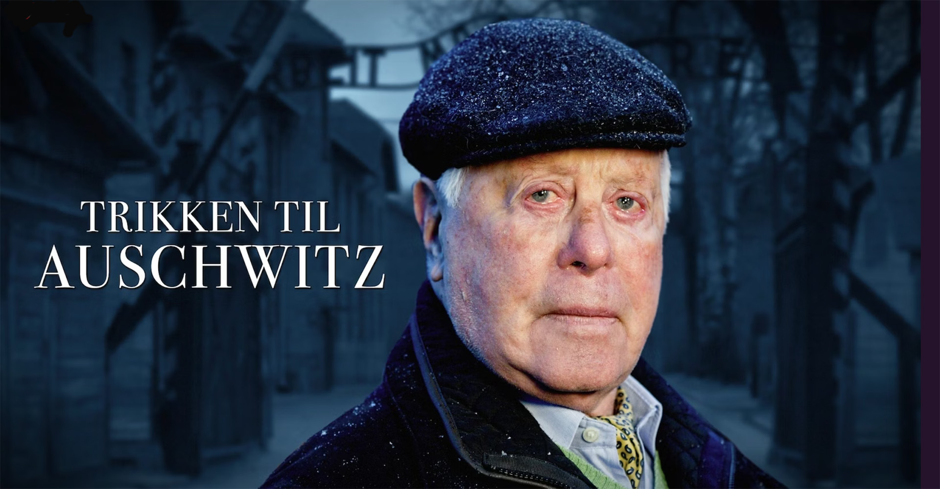 Eldre mann med hatt, alvorlig uttrykk, teksten "Trikken til Auschwitz"